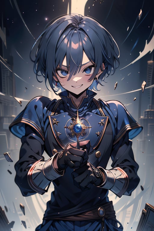 Man, dark blue hair, blue magician tunica, wide pants, friendly face, egocentric, black gloves, happy smile, masterpiece, detailed, high quality, absurd, killer, prediction magician, very short hair, masterpiece, excellent quality , excellent quality, perfect face.



