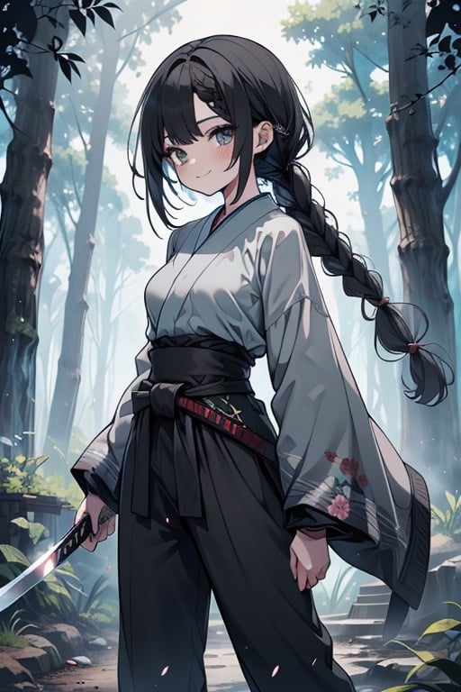 kind woman, black hair, medium hair, hair in braid down to her back, a single braid, dirty clothes, warrior, beast tamer, the killer of gods, black eyes, old clothes, alone, forest, kind smile, innocent, breasts small, tall woman, amazon, samurai, gray kimono jacket ideal for combat, wide pants, happy, friendly, good person, katanas sheathed at her waist, masterpiece, good quality, swords well positioned at her waist, good hands, aquamarine belt, teenager, 15 years old.