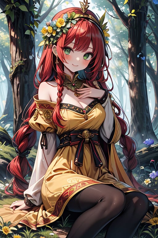 noble woman, princess, red hair, long braid, forest, medium chest, warrior, druid, green eyes, yellow dress,  good quality, masterpiece, hight,black pantyhose,loved by nature, kind face, noble smile, leader,green flower priestess costume,  flower crown.
