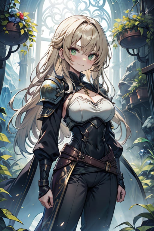 Woman with light blonde hair, big, tall, the strongest warrior in the world, plate armor, cold jacket, pantyhouse, bracers, chest, green eyes, friendly, free spirit, religious, valley of plants, no bangs, long hair , charming smile, a wonderful person, medium breasts, long stockings, long pants, long robe,golden armor, black clothes, groomed hair
