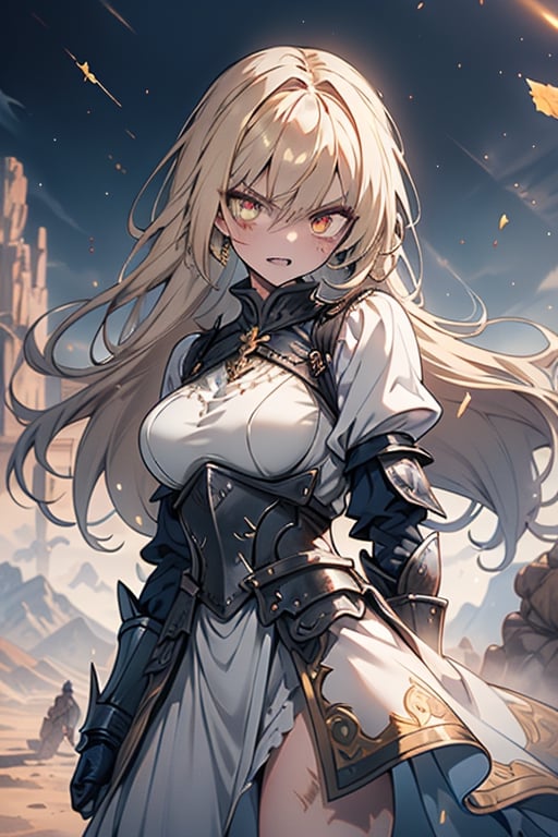 blonde, golden eyes, angry look, long hair, desert knight, hates magic, candys a long elegant white tunic, armor on her hands, legs and arms, gray and white dress, appearance of a warrior, strong woman, scars all over the body, golden eyes, perfect face, very good quality, masterpiece, excellent quality.
