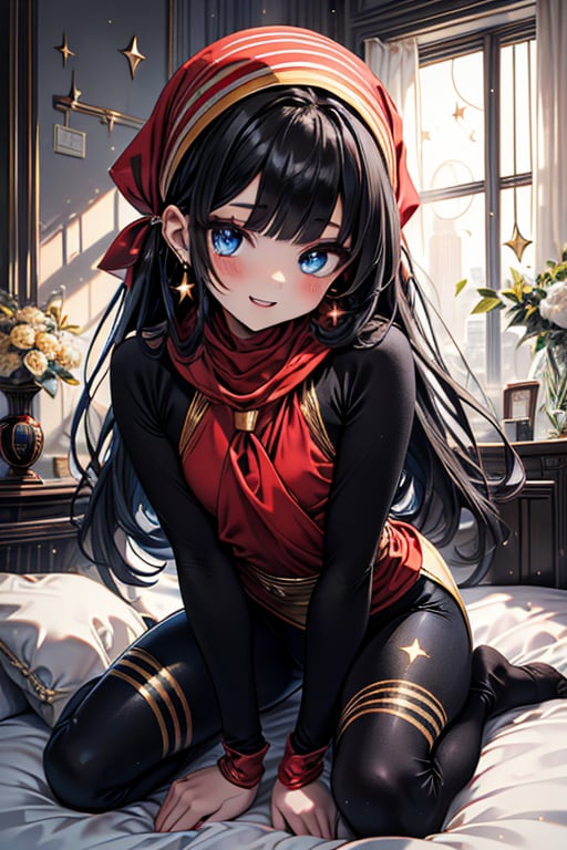 black hair, blue eyes, yellow babydoll with black edges, a red bandana with gold stripes, the edges have small gold touches, friendly face, a black spandex that covers her entire body, headscarf, killer, happy smile, bangs, masterpiece, star earrings, detailed, high quality, absurd, the strongest human of all, bearer of the world's hope, black lycra, masterpiece, excellent quality, excellent quality, perfect face, long hair, sexy pose, bed
