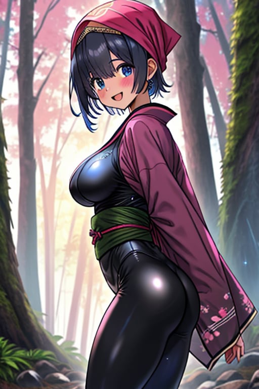 dark blue hair,  blue eyes,  pink kimono outfit with black edges by Endelot on Tensor.Art