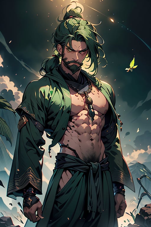 dark green hair, green eyes, hair in a ponytail, Buddhist, man, green robe, wide priest's pants, the strongest creature of all, the one sent by God, the shapeshifter, defined abdomen, masterpiece, perfect face, very good Quality, excellent quality, the warrior of the true gods, serious, monk,1boy, beard
