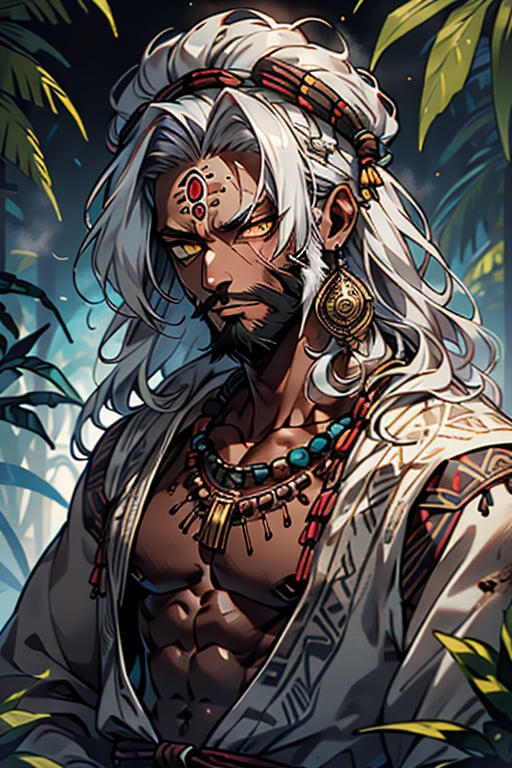 giant, muscular, ugly face, curly hair, black skin, Latin American, tribal clothing, mayan clothing, bone necklace, dark skin, tan, man, male, thick, golden eyes, yellow eyes, homeless, unfortunate, long dirty beard , skinny, malnourished, haggard face, crazy, silver hair, curly hair, jungle, tribal, Aztec



