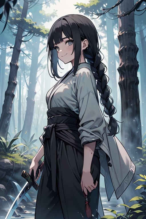 kind woman, black hair, medium hair, hair in braid down to her back, a single braid, dirty clothes, warrior, beast tamer, the killer of gods, black eyes, old clothes, alone, forest, kind smile, innocent, breasts small, tall woman, amazon, samurai, gray kimono jacket ideal for combat, wide pants, happy, friendly, good person, katanas sheathed at her waist, masterpiece, good quality, swords well positioned at her waist, good hands, aquamarine belt.



,hinata(boruto)