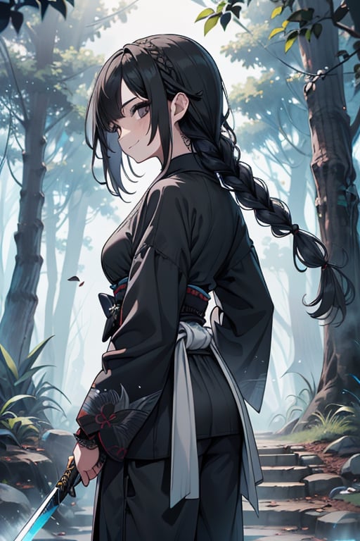 kind woman, black hair, medium hair, hair in braid down to her back, a single braid, dirty clothes, warrior, beast tamer, the killer of gods, black eyes, old clothes, alone, forest, kind smile, innocent, breasts small, tall woman, amazon, samurai, gray kimono jacket ideal for combat, wide pants, happy, friendly, good person, katanas sheathed at her waist, masterpiece, good quality, swords well positioned at her waist, good hands, aquamarine belt.



