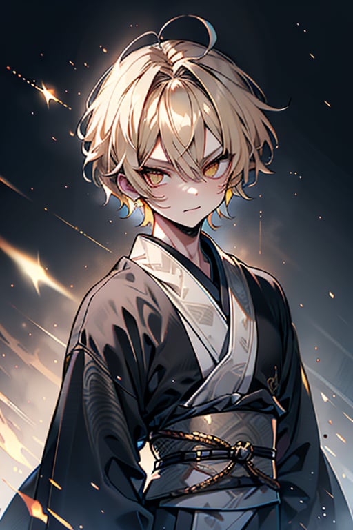 Blonde, short hair, golden eyes, asshole, man, strong, friendly, antisocial, long black kimono, silly, warrior, perfect face, good quality, excellent quality, masterpiece,
