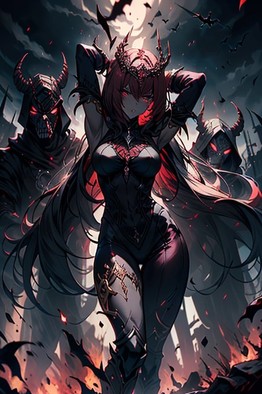 The queen of the abyss, formidable warrior, dark red hair, short hair, black combat lycra close to the body, white eyes, the fastest woman in the world, tall, powerful, red spear, masterpiece, good quality, Excellent quality, good resolution. Penetrating, expressive eyes and an athletic, powerful figure that reflects her combat prowess, hood on her head, half of her body, pure darkness, alone, she is the darkness, the night, no light is seen, dark room,skin gray as ash,dark skin,scathach_fgo