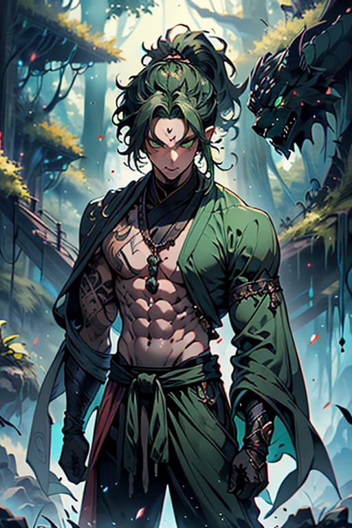 dark green hair, green eyes, hair in ponytail, Buddhist, man, green robe, wide priest's pants, the strongest creature of all, the one sent by God, the shapeshifter, long ears, defined abdomen, masterpiece, face perfect, very good quality, excellent quality, the warrior of the true gods, serious.
