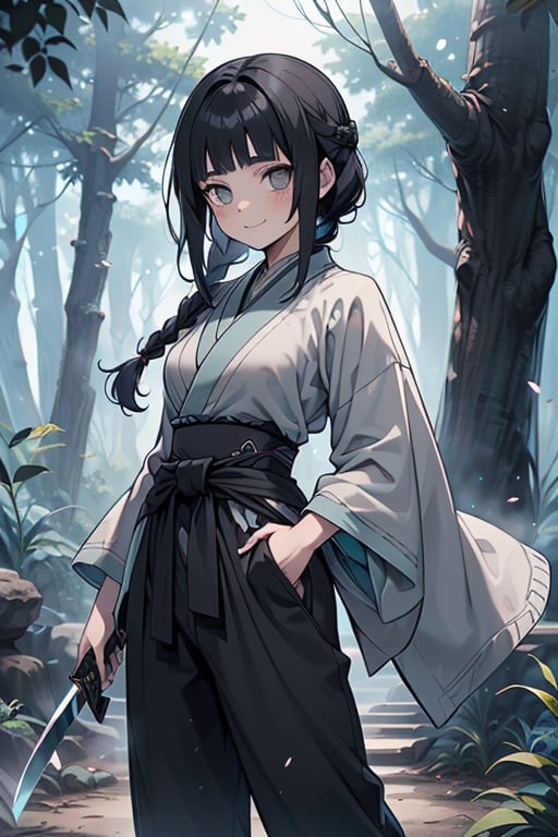 kind woman, black hair, medium hair, hair in braid down to her back, a single braid, dirty clothes, warrior, beast tamer, the killer of gods, black eyes, old clothes, alone, forest, kind smile, innocent, breasts small, tall woman, amazon, samurai, gray kimono jacket ideal for combat, wide pants, happy, friendly, good person, katanas sheathed at her waist, masterpiece, good quality, swords well positioned at her waist, good hands, aquamarine belt.



,hinata(boruto),hinata (shippuden)