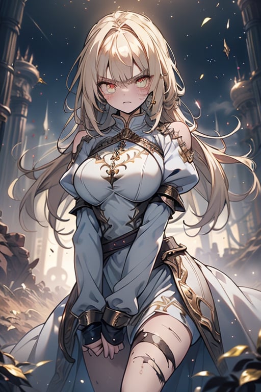 blonde, golden eyes, angry look, long hair, desert knight, hates magic, candys a long elegant white tunic, armor on her hands, legs and arms, gray and white dress, appearance of a warrior, strong woman, scars all over the body, golden eyes, perfect face, very good quality, masterpiece, excellent quality.
