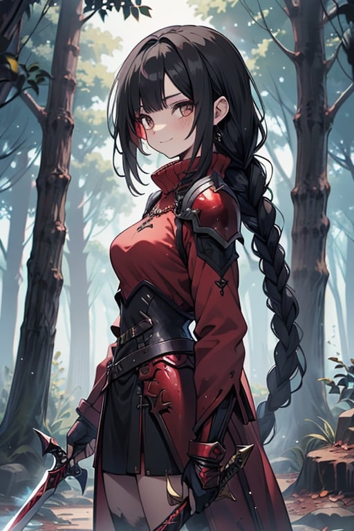 kind woman, black hair, long, hair in a long braid down to the back, dirty clothes, warrior, dual sword wielder, beast tamer, god slayer, gray eyes, old clothes, sweatshirt, alone, red armor covering her breasts, forest, kind, innocent smile, small breasts, tall woman, Amazon.

