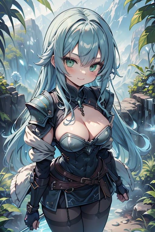 Woman with light blue hair, big, tall, the strongest warrior in the world, plate armor, cold jacket, pantyhouse, bracers, chest, green eyes, friendly, free spirit, religious, valley of plants, no bangs, long hair , charming smile, a wonderful person, medium breasts, long stockings,
