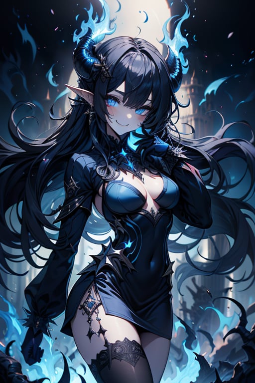 dark blue hair, deep blue eyes, aura of dark power, the primordial of the underworld, goddess of flames, sadistic, pointed ears, blue dress with white edges, right hand of lucifer, primordial goddess, masterpiece, very good quality, excellent quality , perfect face, small breasts, evil smile, egocentric, eyes with blue flames, horns, long sleeve, miniskirt, gothic, very long hair, emanates the power of destruction, adult, clothes burning with blue fire

