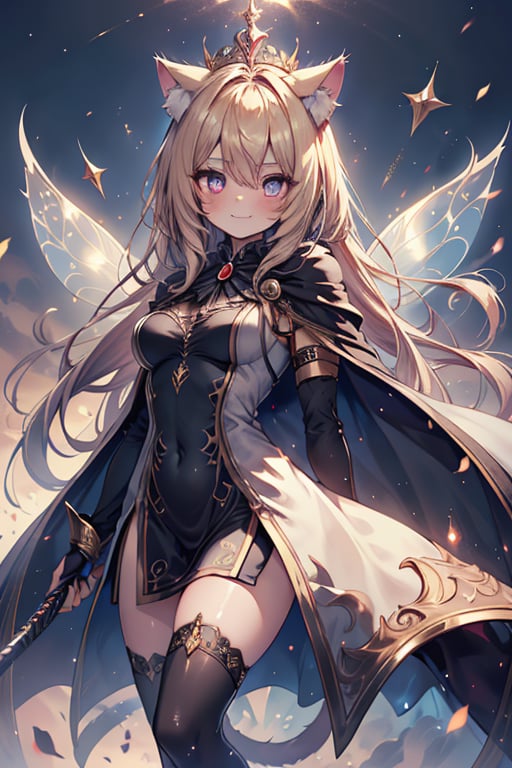 blonde, golden eyes, scholar, golden sorceress robe, queen's crown, long black stockings, smile, cat ears, 1 cat tail, nekomata, arrogant, narcissite, the most intelligent woman in the world, bearer of the eyes of knowledge , the genius of combat, laughter, masterpiece, good quality, excellent quality, AIR_BETWEEN_EYES, golden eyes, the fairy of pride, long hair, perfect face, bright pupils, (beautiful finely detailed eyes), metal dress, indomitable warrior, king's white cape, infinite swords.
