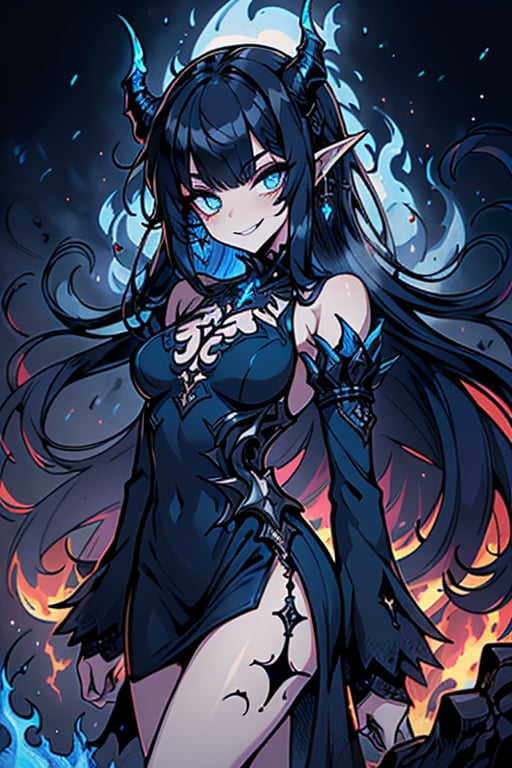 dark blue hair, deep blue eyes, aura of dark power, the primordial of the underworld, goddess of flames, sadistic, pointed ears, blue dress with white edges, right hand of lucifer, primordial goddess, masterpiece, very good quality, excellent quality , perfect face, small breasts, evil smile, egocentric, eyes with blue flames, horns, long sleeve, miniskirt, gothic, very long hair, emanates the power of destruction, adult, clothes burning with blue fire

