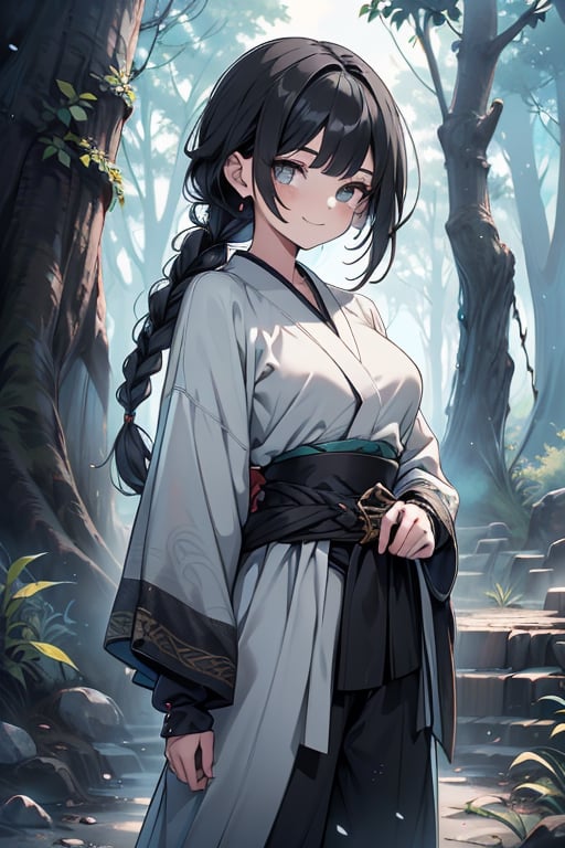 kind woman, black hair, medium hair, hair in braid down to her back, a single braid, dirty clothes, warrior, beast tamer, the killer of gods, black eyes, old clothes, alone, forest, kind smile, innocent, breasts small, tall woman, amazon, samurai, gray kimono jacket ideal for combat, wide pants, happy, friendly, good person,  masterpiece, good quality, swords well positioned at her waist, good hands, aquamarine belt.


