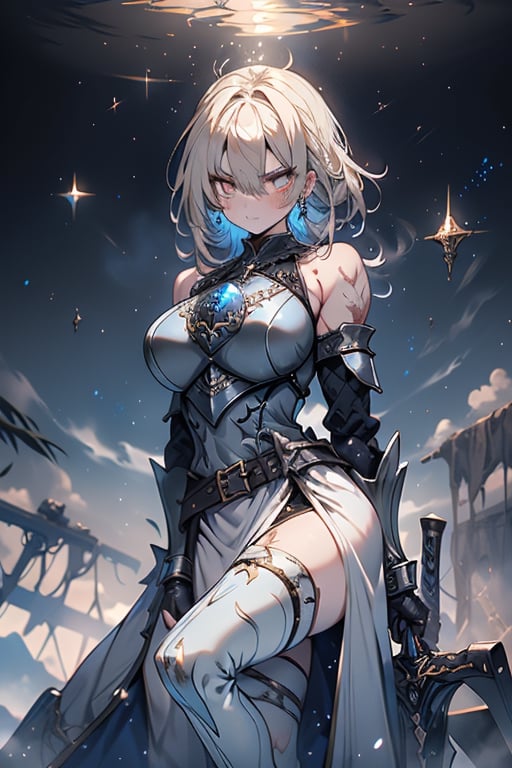 blonde, golden eyes, angry look, long hair, desert knight, hates magic, silver sword that reflects a blue color that traps magic, genie, white dress that reaches to her thighs, armor on her hands, legs and arms , gray and white Dress, Warrior appearance, warrior, strong woman, scars all over the body, shiny magical metal armor, Black metal breastplate, belt with a blue crystal in its center.
