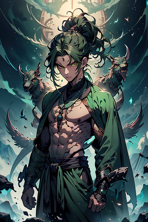 dark green hair, green eyes, hair in a ponytail, Buddhist, man, green robe, wide priest's pants, the strongest creature of all, the one sent by God, the shapeshifter, defined abdomen, masterpiece, perfect face, very good Quality, excellent quality, the warrior of the true gods, serious, monk
