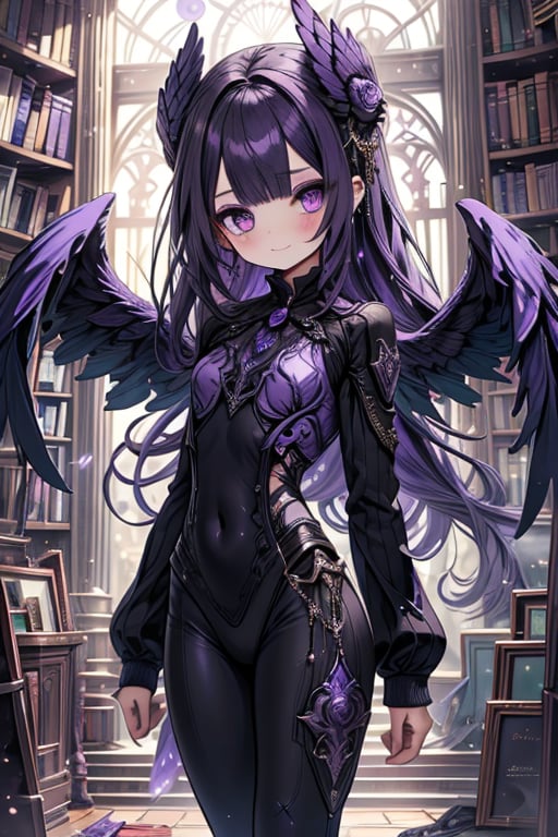 bird wings, purple hair, long hair, teenager, 14 years old, genius, the smartest woman in the world, confident, purple eyes, no bangs, wizard combat suit, black leggings, magic library, lover of knowledge, capricious, enthusiastic, slight smile, protective of her family, masterpiece, good quality, very good quality, excellent quality, perfect face, Amazon woman, brown wings, big wings, wavy hair, small woman, loli.
