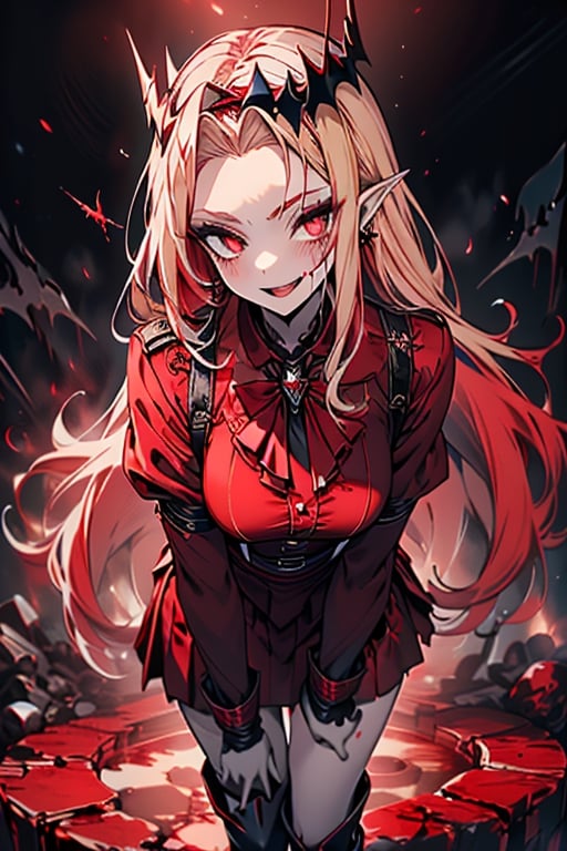 an arrogant woman, blonde, cold-blooded murderer, the final enemy of this world, medium breasts, pointed ears, vampire, eyes red like blood, smiling mischievously, red bowtie scarf, red suit with skirt with black borders, black crosses on his forehead, very pale skin, high_resolution, best quality, extremely detailed, HD, 8K, 1 girl, solo, sexy_figure, hot, 170 cm, tall_girl, LONG HAIR, DIAMOND THROAT, BLACK ASCOT, SEPARATED NECK, CENTER Ruffles, RED DRESS, RED SEPARATED SLEEVES, RED BELT, SKIRT WHITE, RED THIGH BOOTS, RED SUSPENDERS.TIARA,She represents death, the false goddess of putrefaction.

