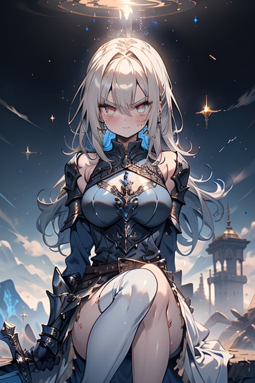 blonde, golden eyes, angry look, long hair, desert knight, hates magic, silver sword that reflects a blue color that traps magic, genie, white dress that reaches to her thighs, armor on her hands, legs and arms , gray and white Dress, Warrior appearance, warrior, strong woman, scars all over the body, shiny magical metal armor, Black metal breastplate, belt with a blue crystal in its center, golden eyes.
