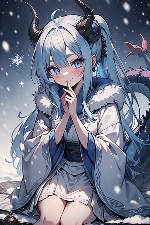 light blue hair, blue eyes, dragon horns, sorceress, magician's tunic, snow coat, smiling, mischievous, capricious, spoiled, pampered, white kimono, gadget sorceress, long hair up, long white skirt, good quality , masterpiece, excellent quality, perfect face, dragon tail.
