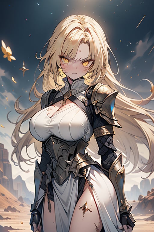 blonde, golden eyes, angry look, long hair, desert knight, hates magic, candys a long elegant white tunic, armor on her hands, legs and arms, gray and white dress, appearance of a warrior, strong woman, scars all over the body, golden eyes, perfect face, very good quality, masterpiece, excellent quality.,yellow eyes,blonde hair