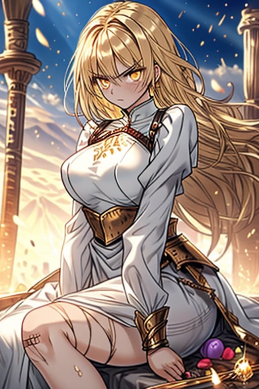 blonde, golden eyes, angry look, long hair, desert knight, hates magic, candys a long elegant white tunic, armor on her hands, legs and arms, gray and white dress, appearance of a warrior, strong woman, scars all over the body, golden eyes, perfect face, very good quality, masterpiece, excellent quality.
