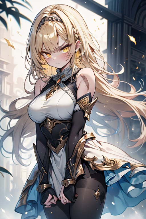 blonde, golden eyes, angry look, long hair, desert knight, hates magic, candys a long elegant white tunic, armor on her hands, legs and arms, gray and white dress, appearance of a warrior, strong woman, scars all over the body, golden eyes, perfect face, very good quality, masterpiece, excellent quality,yellow eyes,blonde hair, black pantyhose
