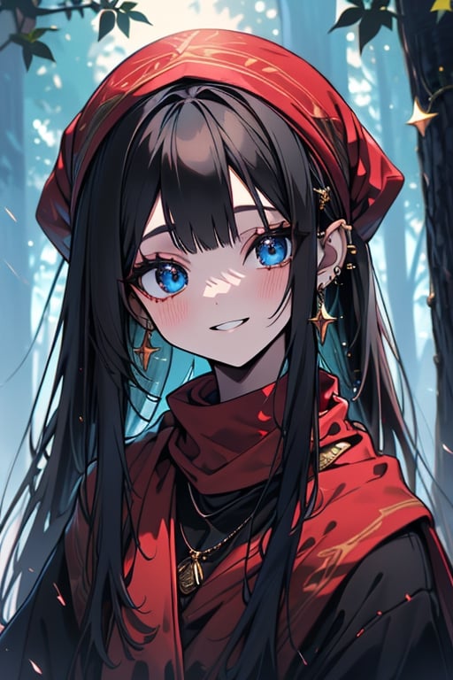 black hair, blue eyes, yellow attush, red scarf with gold stripes, friendly face, headscarf, little girl, happy smile, bangs, in the forest at night, masterpiece, star earrings, detailed, high quality, absurd , strongest human being of all, bearer of the hope of the world, long hair, necklace of scales,perfect face
