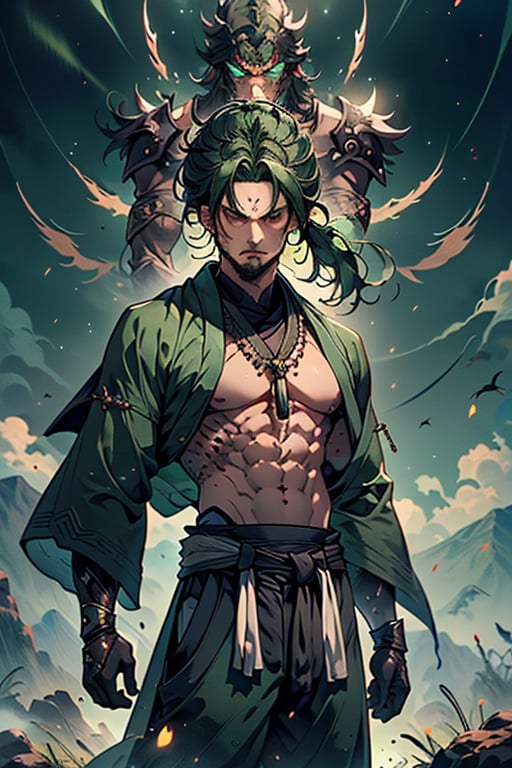 dark green hair, green eyes, hair in a ponytail, Buddhist, man, green robe, wide priest's pants, the strongest creature of all, the one sent by God, the shapeshifter, defined abdomen, masterpiece, perfect face, very good Quality, excellent quality, the warrior of the true gods, serious, warrior, monk
