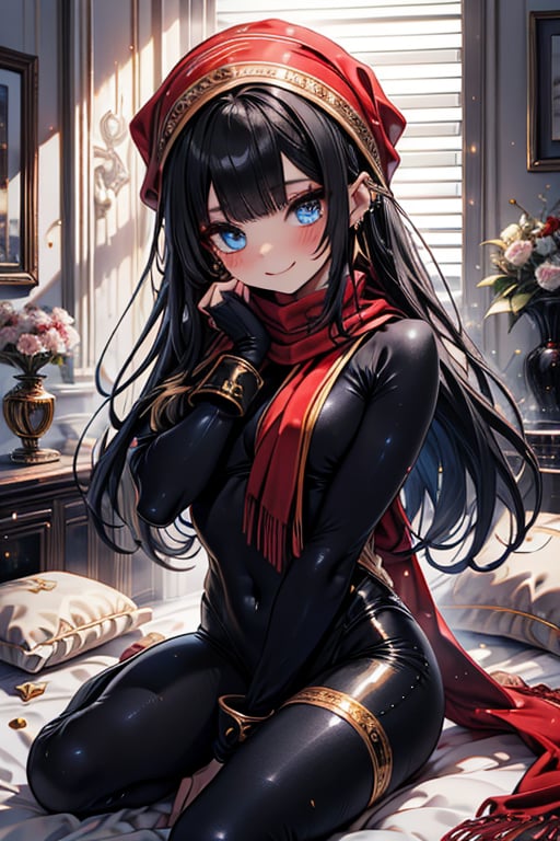 black hair, blue eyes, red scarf with gold stripes, the edges have small touches of gold, friendly face, a black spandex that covers his entire body, headscarf, killer, happy smile, bangs, masterpiece, star earrings, detailed , high quality, absurd, the strongest human of all, bearer of the world's hope, black lycra, masterpiece, excellent quality, perfect face, long hair, sexy pose, bed
