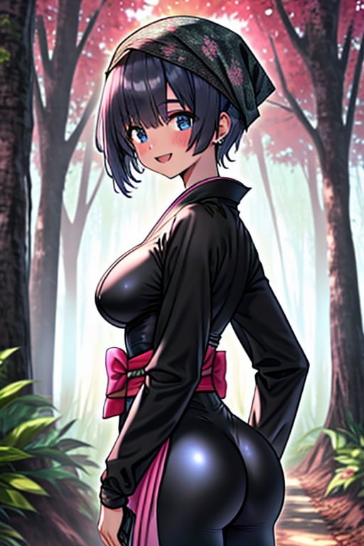 dark blue hair,  blue eyes,  pink kimono outfit with black edges by Endelot on Tensor.Art