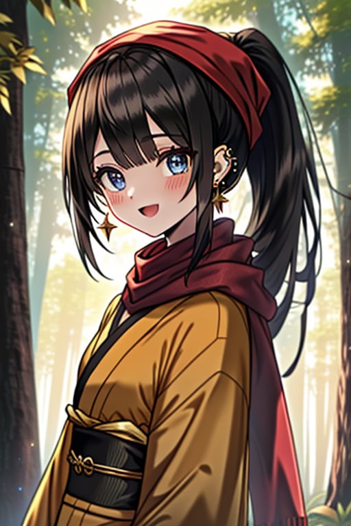 black hair, blue eyes, yellow Kimono
 outfit with black edges, a red scarf with gold stripes, the edges have small golden touches, friendly face, a black spandex that covers her entire body, headscarf, killer, happy smile , bangs, in the forest at night, masterpiece, star earrings, detailed, high quality, absurd, the strongest human of all, bringer of the world's hope, hair in ponytail,black lycra, masterpiece, excellent quality, excellent quality, perfect face.

