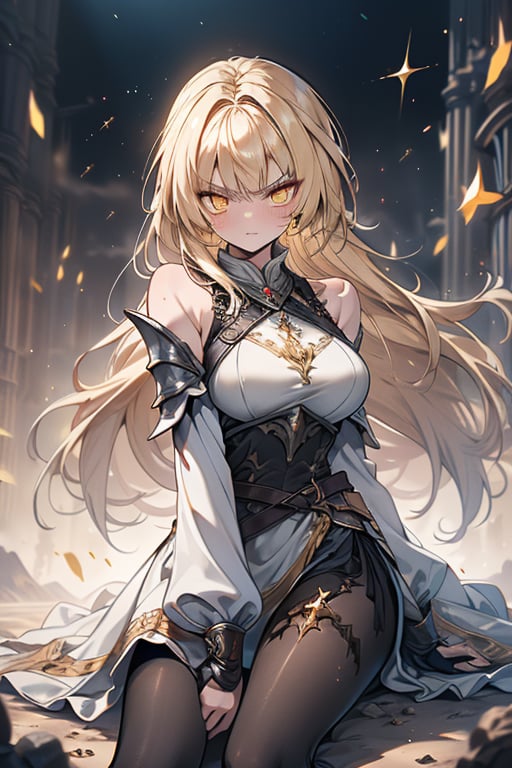 blonde, golden eyes, angry look, long hair, desert knight, hates magic, candys a long elegant white tunic, armor on her hands, legs and arms, gray and white dress, appearance of a warrior, strong woman, scars all over the body, golden eyes, perfect face, very good quality, masterpiece, excellent quality,yellow eyes,blonde hair, black pantyhose
