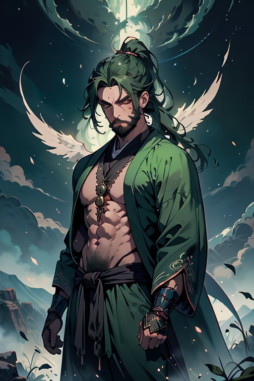 dark green hair, green eyes, hair in a ponytail, Buddhist, man, green robe, wide priest's pants, the strongest creature of all, the one sent by God, the shapeshifter, defined abdomen, masterpiece, perfect face, very good Quality, excellent quality, the warrior of the true gods, serious, monk,1boy, beard
