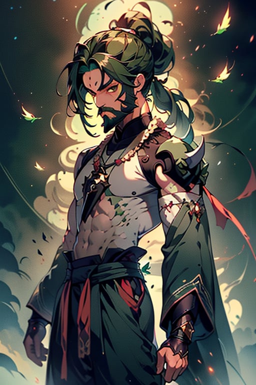 dark green hair, green eyes, hair in a ponytail, Buddhist, man, green robe, wide priest's pants, the strongest creature of all, the one sent by God, the shapeshifter, defined abdomen, masterpiece, perfect face, very good Quality, excellent quality, the warrior of the true gods, serious, monk,1boy, beard
