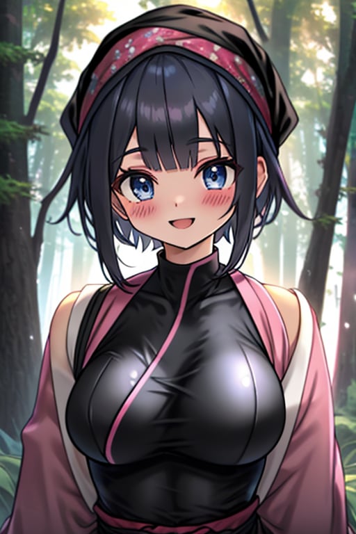 dark blue hair, blue eyes, pink kimono outfit with black edges, friendly face, a black spandex that covers his entire body, headscarf, killer, happy smile, bangs, in the forest at night, masterpiece, detailed, high quality, absurd, the strongest human of all, bringer of the world's hope, short hair, black lycra, masterpiece, excellent quality, excellent quality, perfect face, medium breasts

