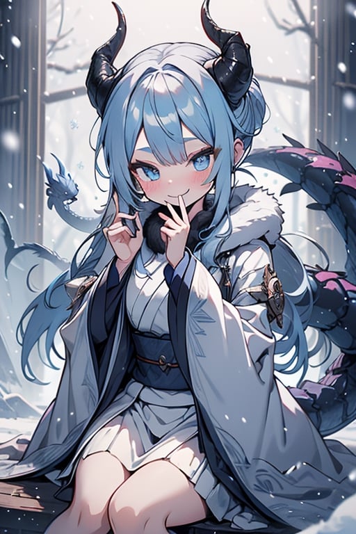 light blue hair, blue eyes, dragon horns, sorceress, magician's tunic, snow coat, smiling, mischievous, capricious, spoiled, pampered, white kimono, gadget sorceress, long hair up, long white skirt, good quality , masterpiece, excellent quality, perfect face, dragon tail.
