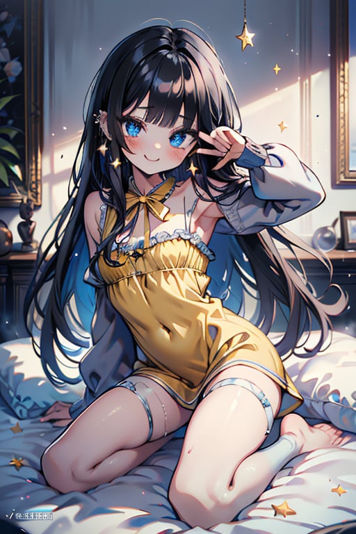 black hair, blue eyes, yellow babydoll, friendly face, killer, happy smile, bangs, masterpiece, star earrings, detailed, high quality, absurd, the strongest human of all, bearer of the world's hope masterpiece, excellent quality , excellent quality, perfect face, long hair, sexy pose, bed, small breasts

