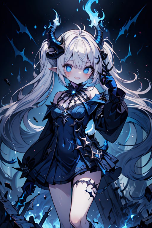 white hair, deep blue eyes, aura of dark power, the primordial of the underworld, goddess of flames, sadistic, pointed ears, blue dress with white edges, right hand of lucifer, primordial goddess, masterpiece, very good quality, excellent quality , perfect face, small breasts, evil smile, egocentric, eyes with blue flames, horns, long sleeve, miniskirt, gothic, two pigtails, emanates the power of destruction, loli, small body, clothes burning with blue fire

