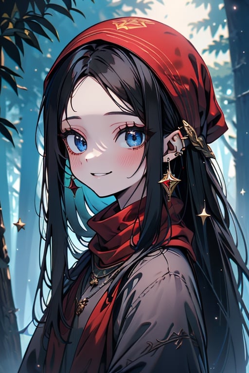 black hair, blue eyes, yellow attush, red scarf with gold stripes, friendly face, headscarf, little girl, happy smile, bangs, in the forest at night, masterpiece, star earrings, detailed, high quality, absurd , strongest human being of all, bearer of the hope of the world, long hair, necklace of scales,perfect face
