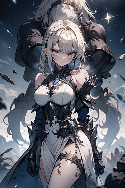 blonde, golden eyes, angry look, long hair, desert knight, hates magic, silver sword that reflects a blue color that traps magic, genius, white dress that reaches to her thighs, armor on her hands, legs and arms,gray and white dress, Look of a warrior, warrior, strong woman, black metal parts, magic metal shoulder pads, scars all over her body.