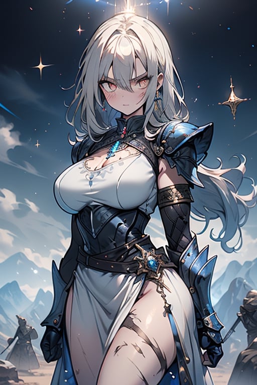 blonde, golden eyes, angry look, long hair, desert knight, hates magic, silver sword that reflects a blue color that traps magic, genie, white dress that reaches to her thighs, armor on her hands, legs and arms , gray and white Dress, Warrior appearance, warrior, strong woman, scars all over the body, shiny magical metal armor, Black metal breastplate, belt with a blue crystal in its center.
