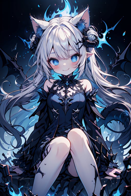 white hair, deep blue eyes, aura of dark power, the primordial of the underworld, goddess of flames, sadist, cat ears, cat tail, white dress with blue edges, right hand of lucifer, primordial goddess, masterpiece, very good quality, excellent quality, perfect face, small breasts, evil smile, self-centered, eyes with blue flames, horns, long sleeve, miniskirt, gothic, long hair, emanates the power of destruction, loli, small woman

