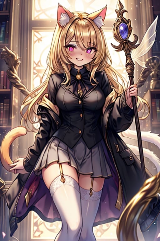 blonde, golden eyes, scholar, black jacket, elegant white, long golden stockings, confident smile, cat ears, 1 cat tail, nekomata, arrogant, narcissite, the most intelligent woman in the world, bearer of the eyes of knowledge, the combat genius, laughter, masterpiece, good quality, excellent quality, AIR_BETWEEN_EYES, STAFF, golden eyes, the pride fairy, long hair, perfect face, bright pupils (finely detailed). beautiful eyes,
