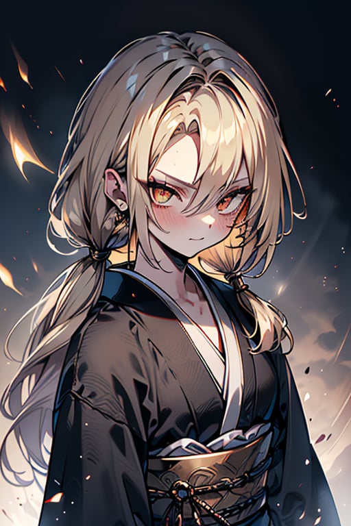 Blonde, long hair, golden eyes, asshole, man, strong, friendly, antisocial, long black kimono, silly, warrior, perfect face, good quality, excellent quality, masterpiece,
