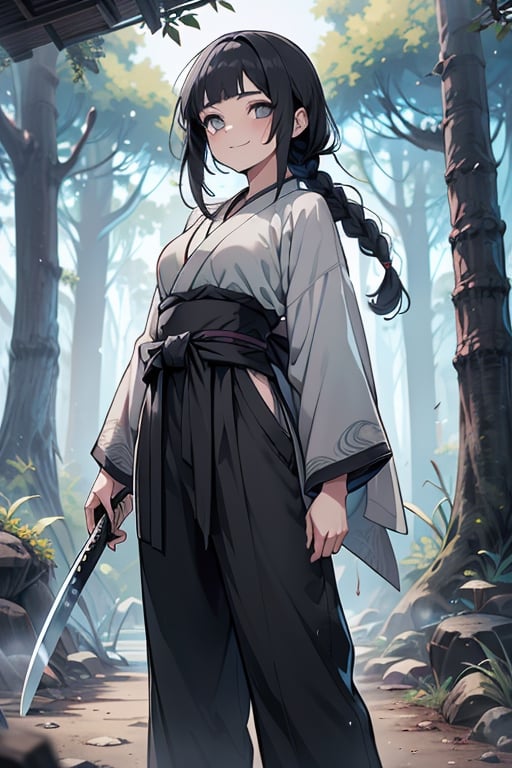 kind woman, black hair, medium hair, hair in braid down to her back, a single braid, dirty clothes, warrior, beast tamer, the killer of gods, black eyes, old clothes, alone, forest, kind smile, innocent, breasts small, tall woman, amazon, samurai, gray kimono jacket ideal for combat, wide pants, happy, friendly, good person, katanas sheathed at her waist, masterpiece, good quality, swords well positioned at her waist, good hands, aquamarine belt.



,hinata(boruto),hinata (shippuden)